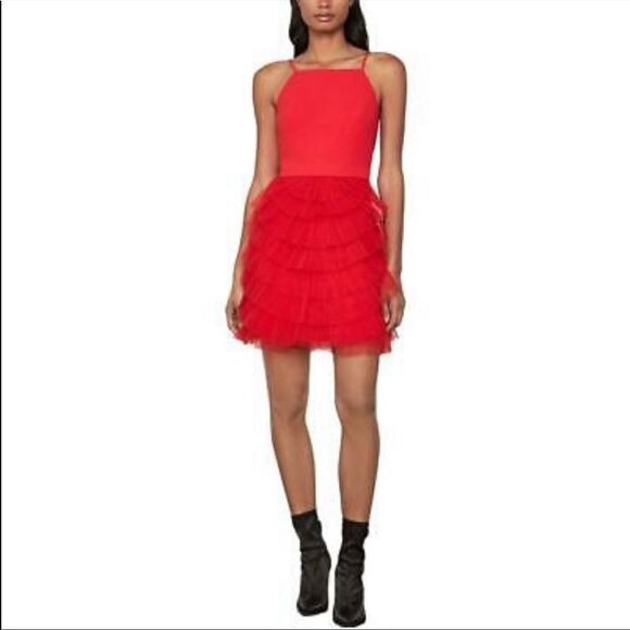Bcbgmaxazria Sleeveless Red Ruffled Tulle Tiered Party Mini Cocktail Dress Red 0 - Picture 4 of 7